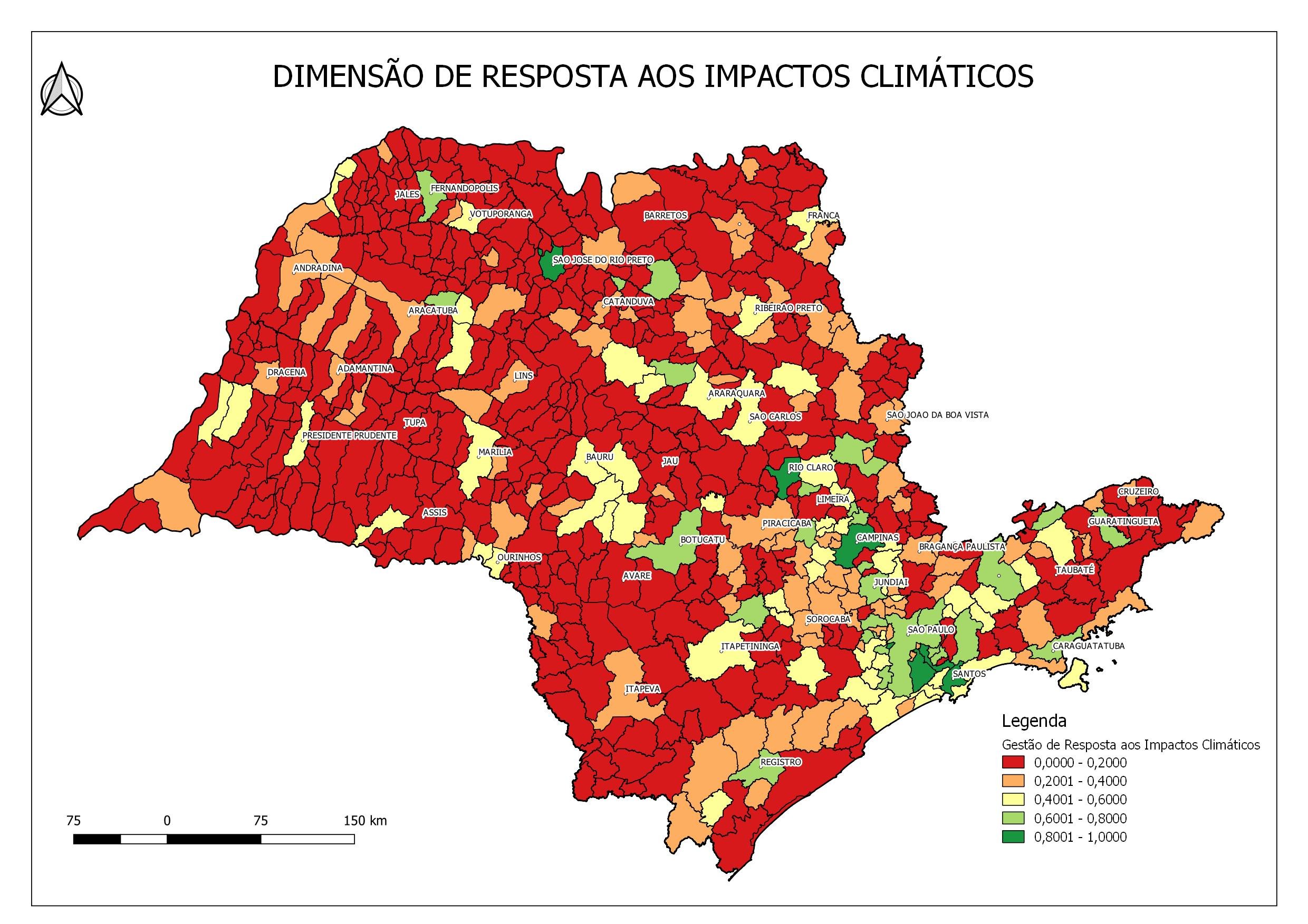 Mapa mostra dimensão de resposta aos impactos climáticos de cada município paulista. Quanto mais próximo de 1 (verde escuro), melhor é o índice da cidade em relação a esse aspecto.