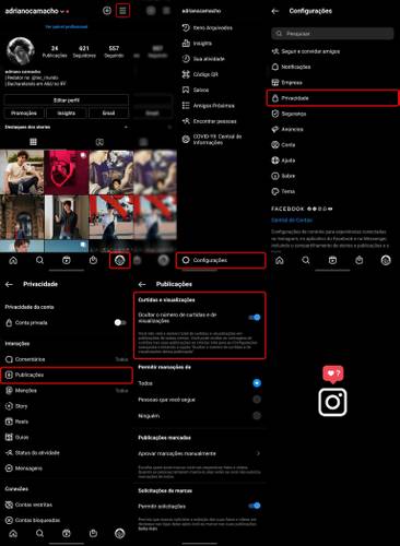 Passo a passo para ocultar ou exibir o contador de curtidas no Instagram. (Fonte: Adriano Camacho, Instagram / Reprodução)