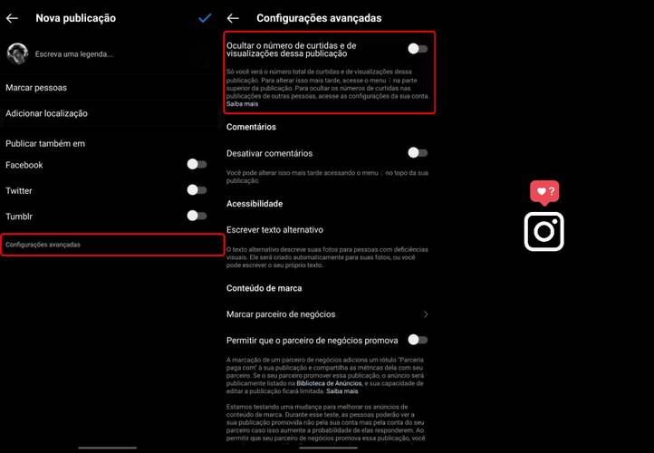 Passo a passo para ocultar ou exibir o contador de curtidas antes de realizar uma postagem no Instagram. (Fonte: Adriano Camacho, Instagram / Reprodução)