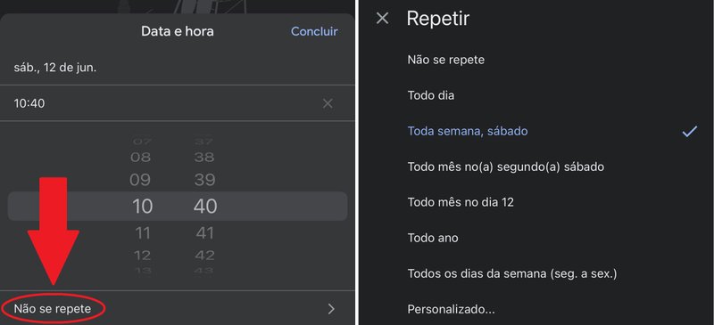 Nessa opção você pode escolher se o lembrete se repetirá mais de uma vez e por quanto tempo
