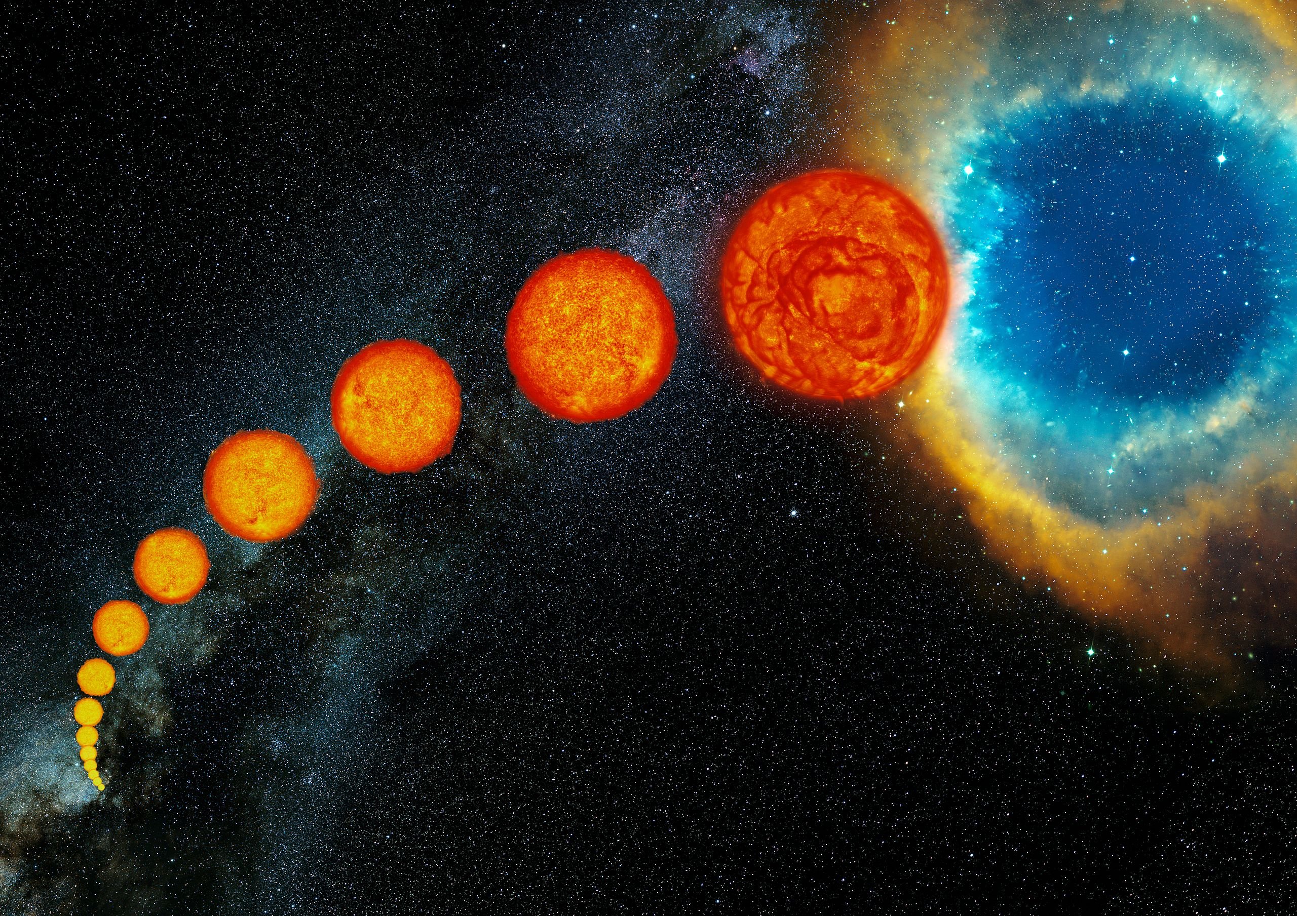 Concepção artística da evolução de uma estrela como o Sol. Começando da parte inferior esquerda, a estrela passa pela Sequência Principal (etapa que o Sol se encontra), e passa pelas fases de subgigante e gigante até atingir a fase de Nebulosa Planetária, última representada.