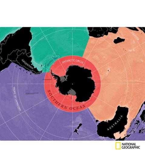Oceano Antártico, em ilustração da National Geographic, com informações da NASA/JPL e OHI.