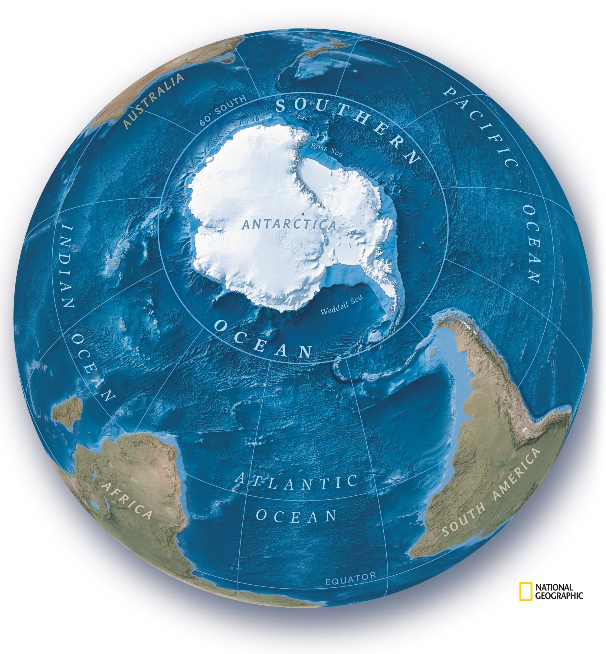 Arte da National Geographic ilustra o quinto oceano no globo terrestre.