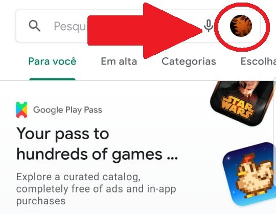 Clique na sua foto de perfil no alto da tela da Play Store