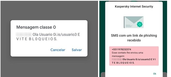 O formato de SMS fraudulento identificado pelos especialistas.