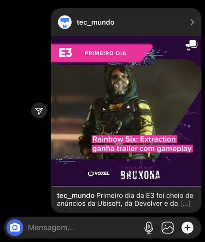 O post compartilhado chegará como uma mensagem enviada pelo Direct do Instagram