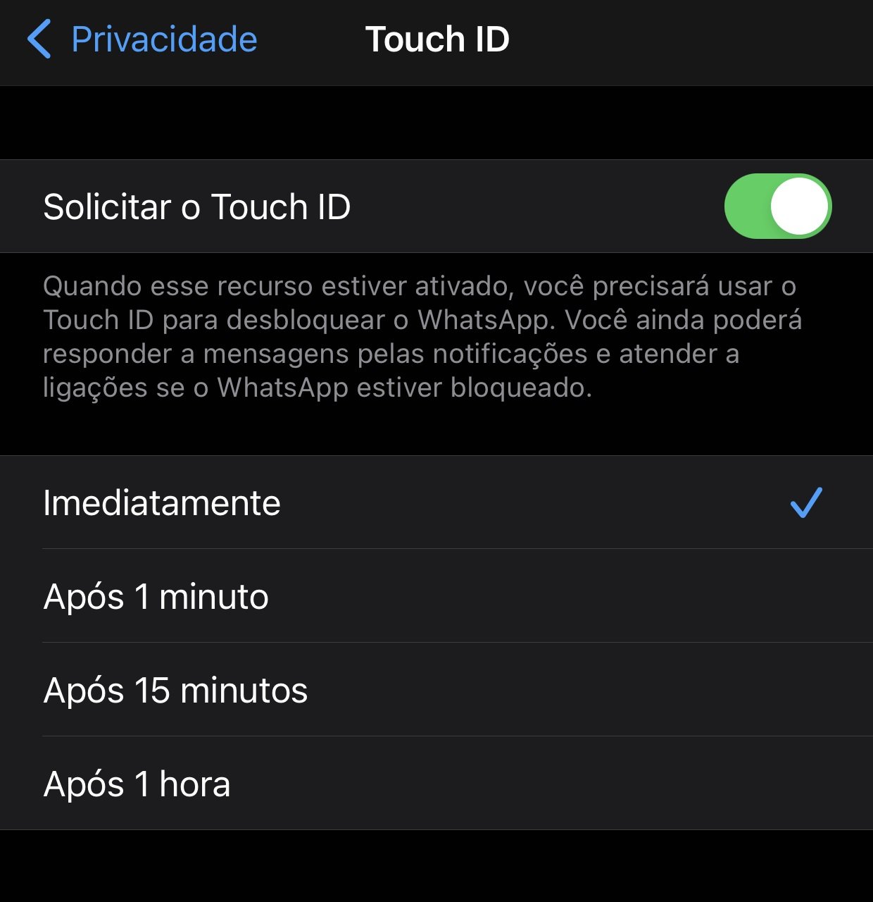 Você pode escolher o período em que a identificação pelo Touch ID seja exigida