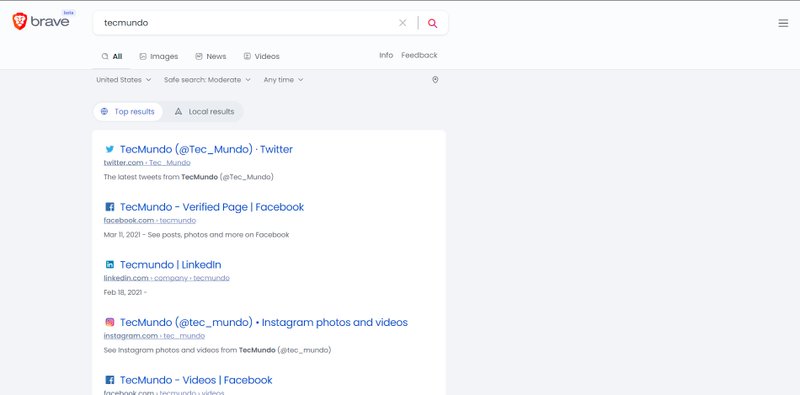 Exemplo de pesquisa no Brave Search, ainda em sua fase de testes.