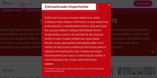 Nota na página inicial do site do laboratório informa sobre o ataque.