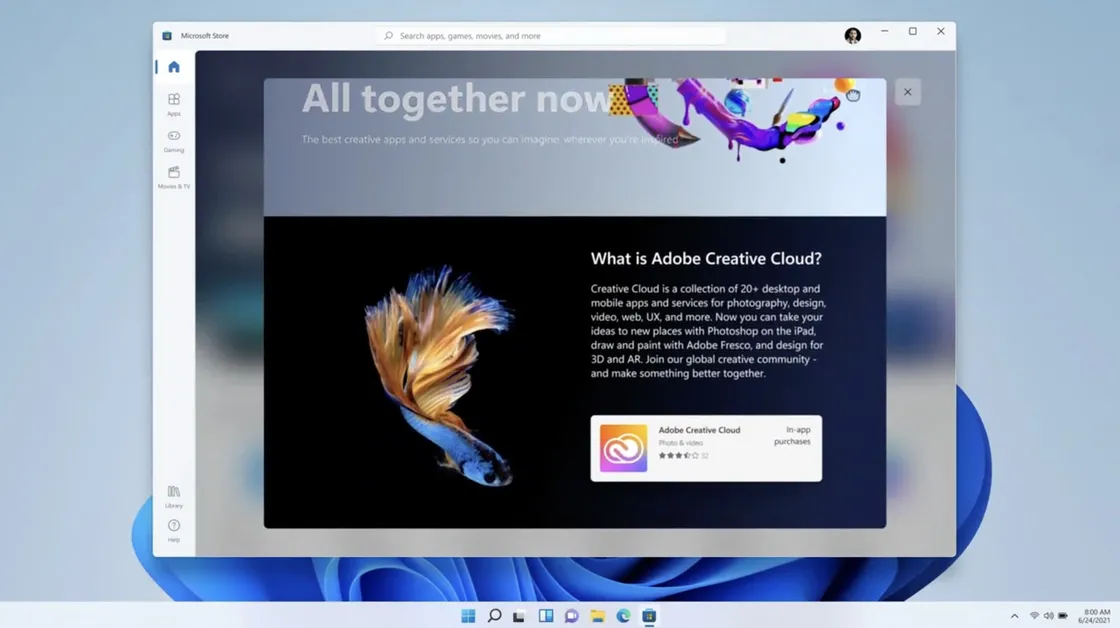 Nova barra de tarefas do Windows 11, sem a presença da Cortana. (Fonte: The Verge, Microsoft / Reprodução)