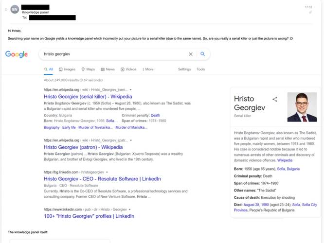 E-mail que Hristo recebeu relatando o erro.
