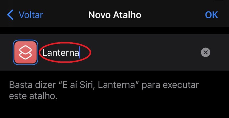 Escolha um nome para o atalho da lanterna