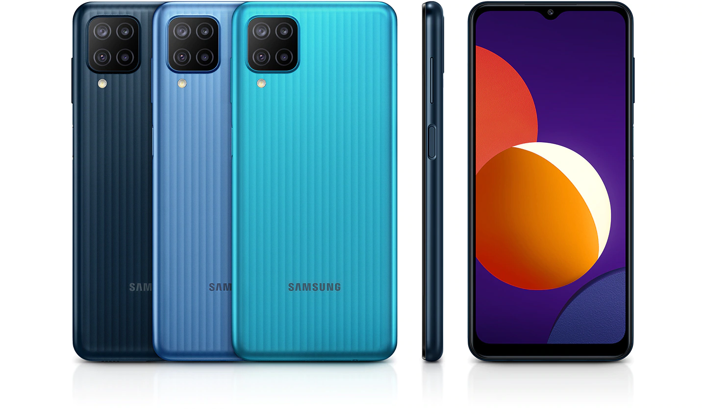 O Galaxy M12 está disponível nessas cores.