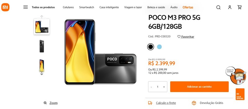 O modelo vendido no site da Xiaomi.