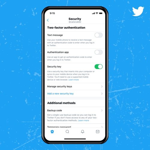 Habilitando a chave de segurança no app do Twitter.