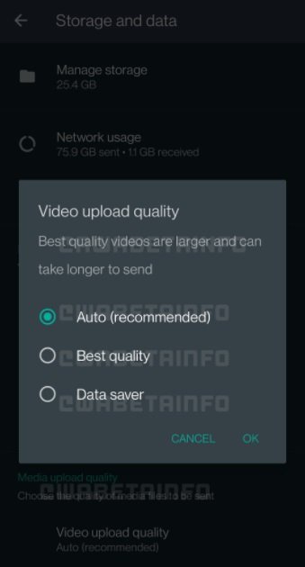 A tela de escolha da qualidade do vídeo no mensageiro.