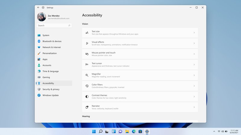 Nova interface das configurações de acessibilidade no Windows 11. (Fonte: Windows Blog / Reprodução)