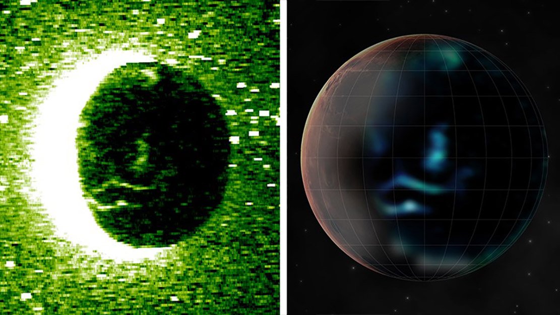 Imagens obtidas do espectrômetro da Hope e sua concepção artística no lado noturno de Marte (Fonte: Emirate Mars Mission/Divulgação)