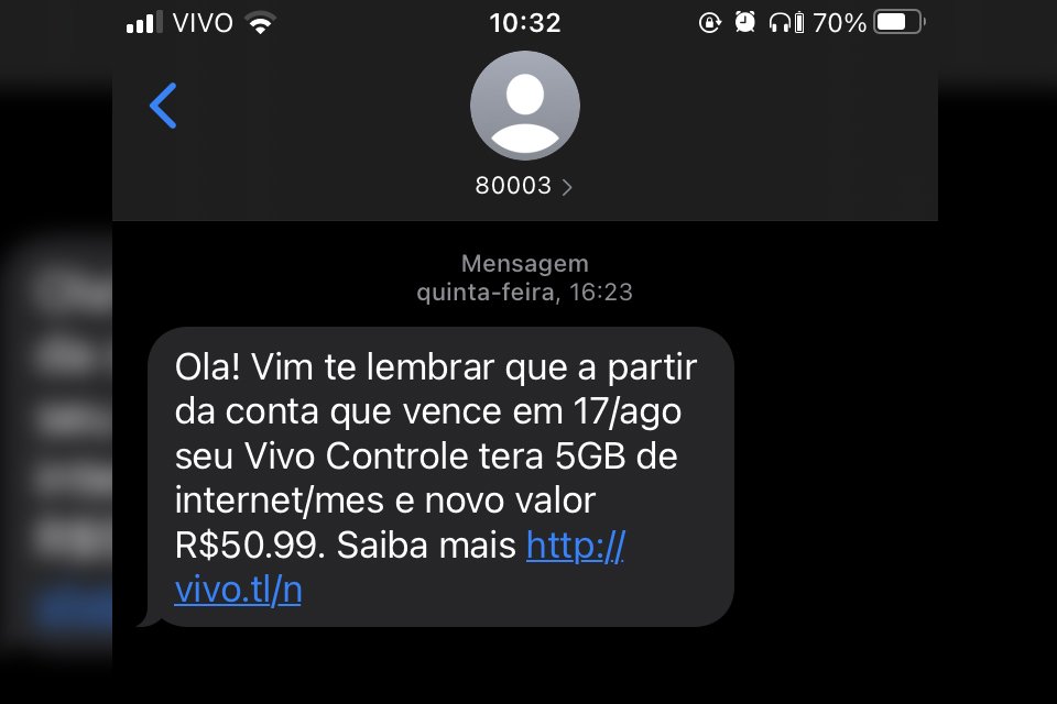 SMS enviado pela Vivo, em que foi informado o aumento no valor do plano Controle. (Fonte: Giovana Pignati / Reprodução)