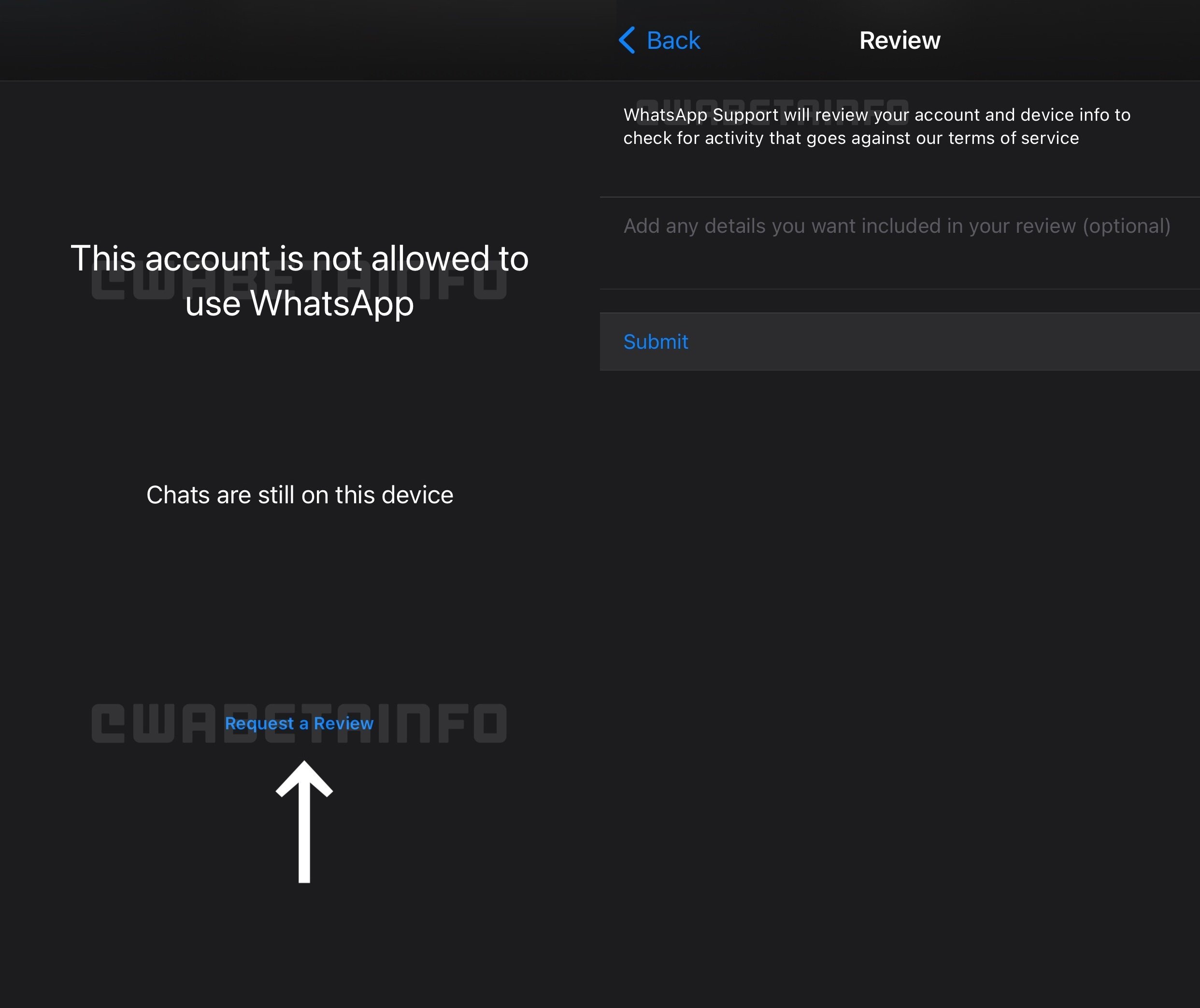 Novo recurso do WhatsApp vai permitir a revisão de contas banidas de forma injusta. (Fonte: WABetaInfo/Reprodução)