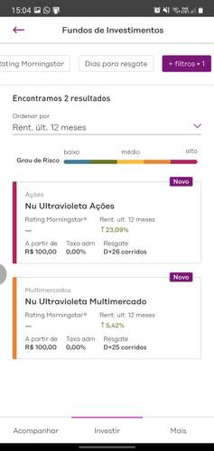 Print do aplicativo Easyinvest onde os novos fundos da Nubank estão disponíveis. (Fonte: TecMundo, Easyinvest/Reprodução)
