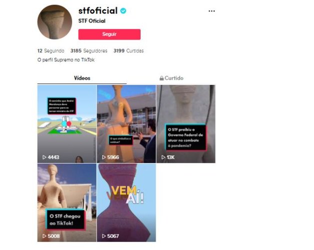 O perfil do STF no TikTok tem cinco conteúdos postados até o momento.