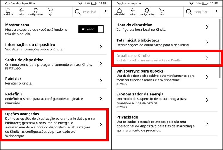 Caso o seu Kindle esteja com a última atualização, a opção 'Atualizar Kindle' não estará disponível.