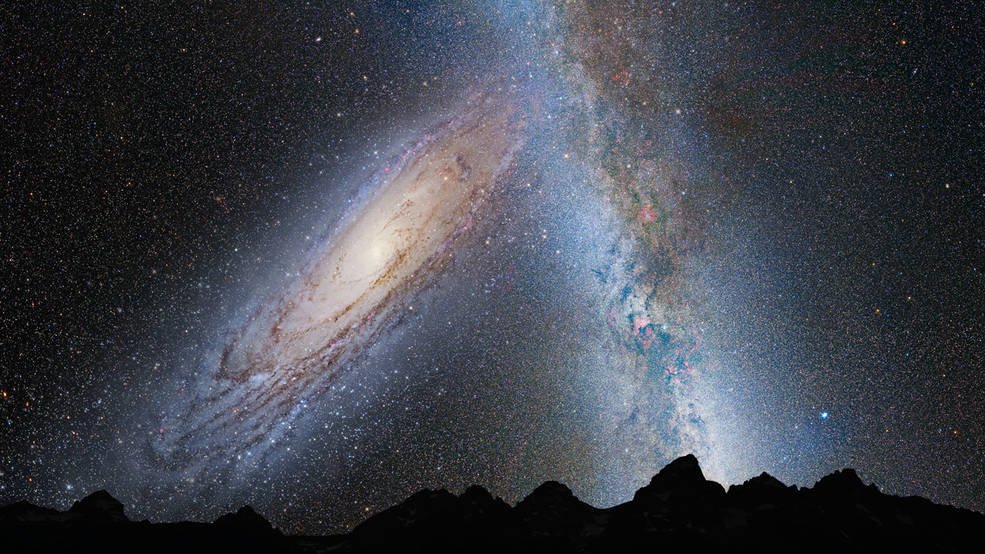 Ilustração de como será o céu noturno da Terra daqui a 3,75 bilhões de anos. Andrômeda estará muito mais próxima e já terá começado a distorcer a Via Láctea.