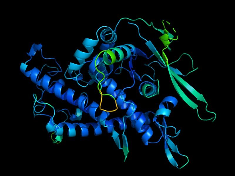 Imagem de proteína enovelada em 3D.
