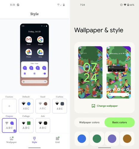 Tela de personalização no Android 11 e Android 12, respectivamente. (Fonte: Android Police / Reprodução)