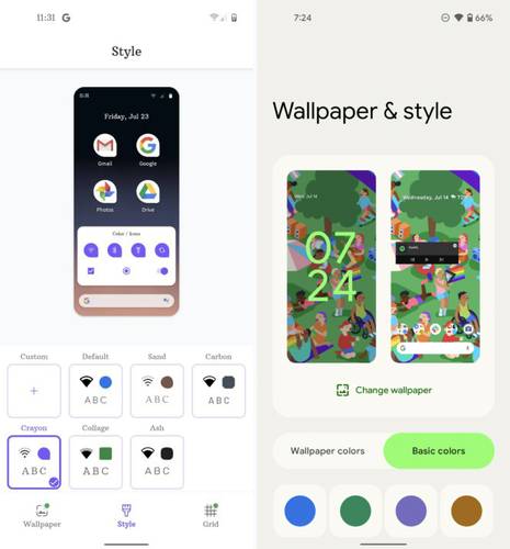 Tela de personalização no Android 11 e Android 12, respectivamente. (Fonte: Android Police / Reprodução)
