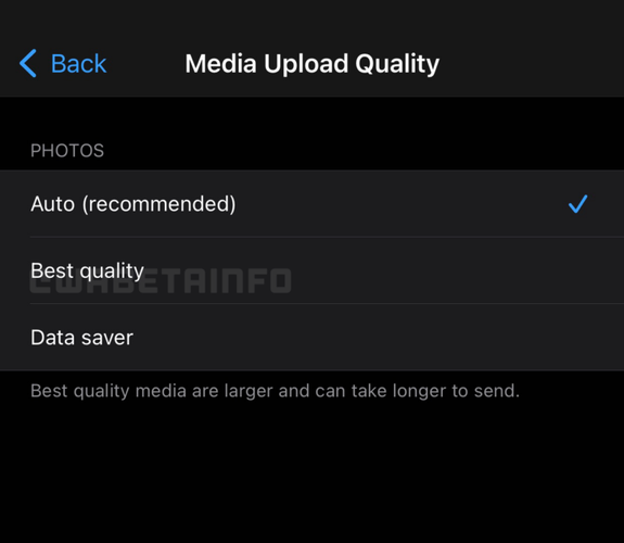 Controle da qualidade de envios de mídia no WhatsApp para iOS. (Fonte: WABeta Info, WhatsApp / Reprodução)