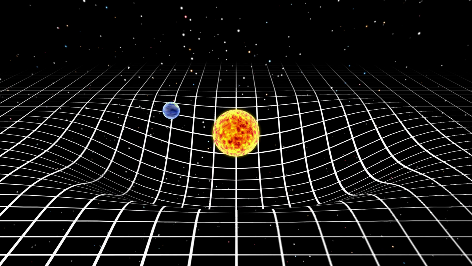 Representação simplificada da distorção do espaço-tempo por uma estrela e um planeta.
