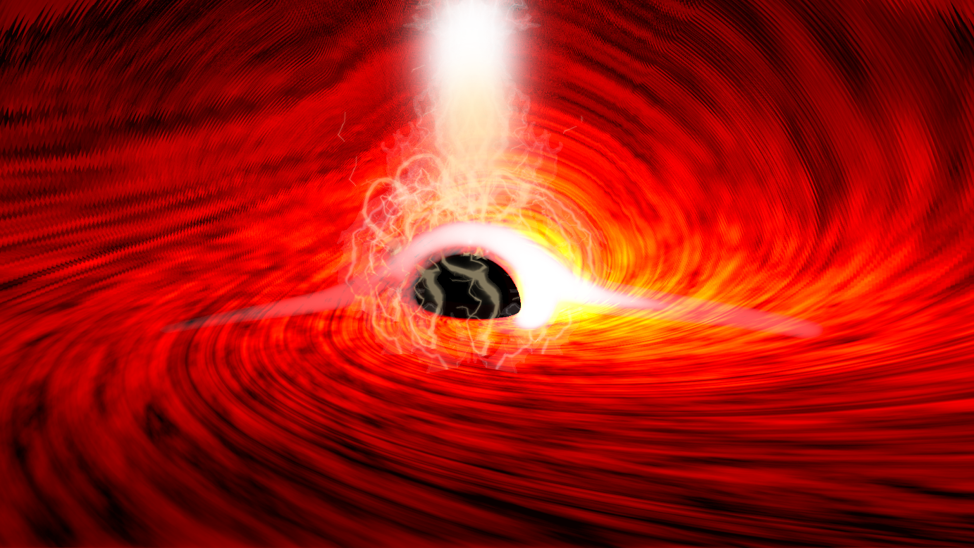Representação dos flashes de raios-X detectados no buraco negro, evidência da distorção da luz e dos campos magnéticos ao redor de um buraco negro.