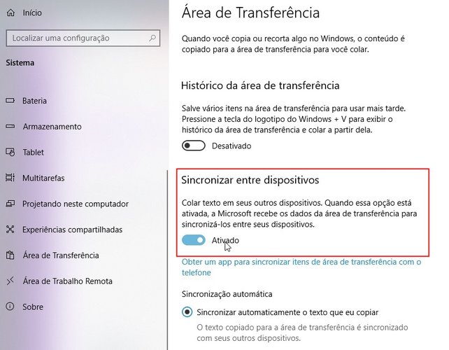 A opção no Windows 10 que habilita a sincronia entre os conteúdos.