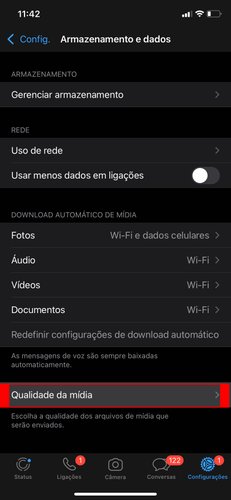No menu 'Armazenamento e dados', selecione a opção 'Qualidade de mídia' (Fonte: TecMundo)
