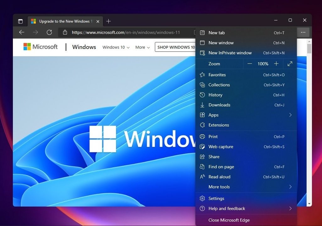 Uso do Mica na barra de abas do Microsoft Edge e o acrílico no menu de opções