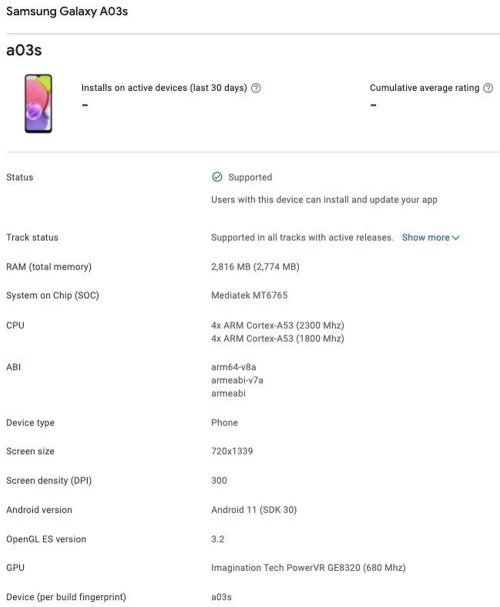 Listagem do Galaxy A03s no Google Play Console.