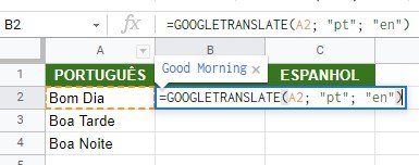 Insira o código na célula ao lado para que o texto seja automaticamente traduzido