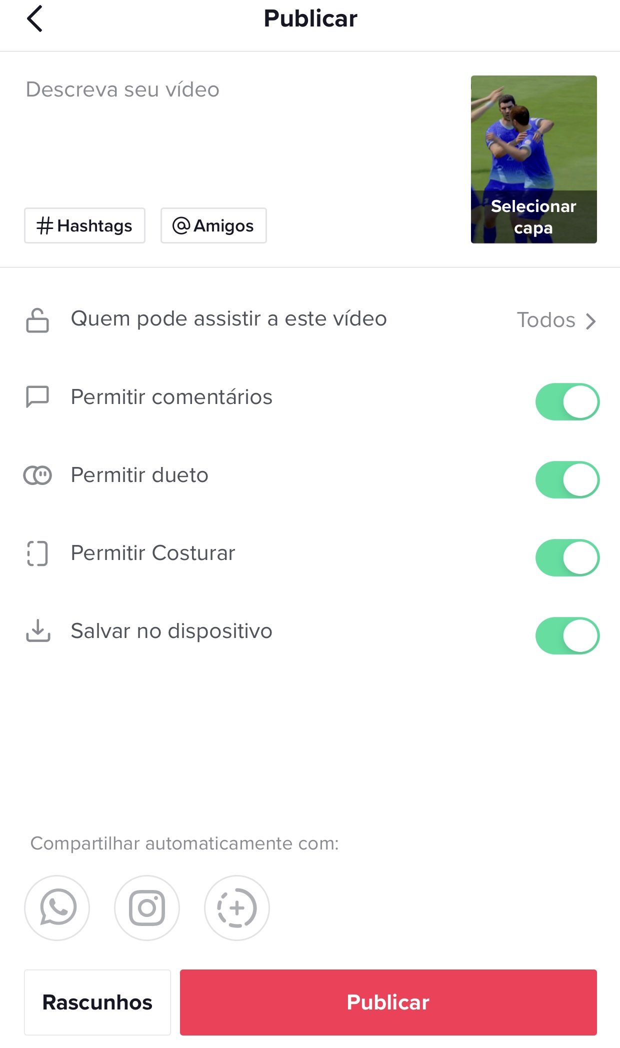 Além da descrição e das opções de compartilhamento, também é possível enviar o seu conteúdo para outros apps como WhatsApp e Instagram