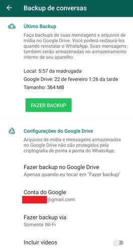 Nessa tela são apresentadas todas as opções para fazer backup da sua conta