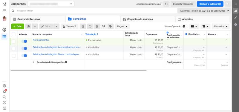 Interface do Gerenciador de Anúncios do Facebook. (Fonte: Facebook Business / Reprodução)