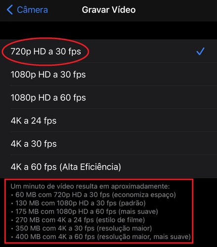 Reduza a resolução da câmera para diminuir o tamanho total