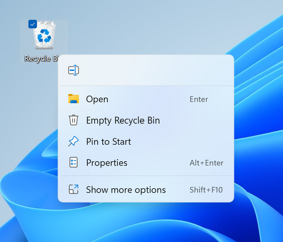Novo menu de contexto exibido ao interagir com o atalho da Lixeira. (Fonte: Microsoft / Reprodução)