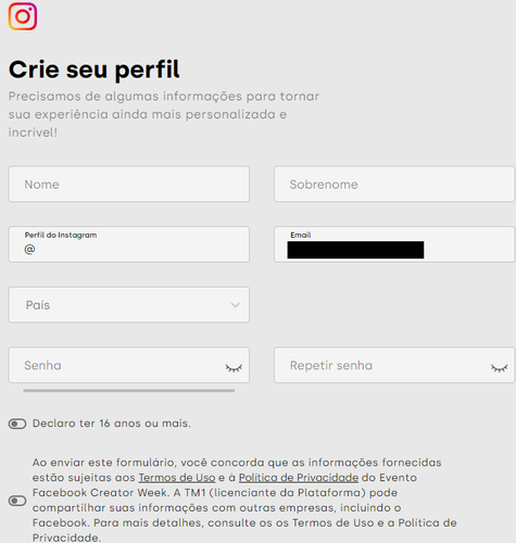 Dados necessários para o cadastro no sistema