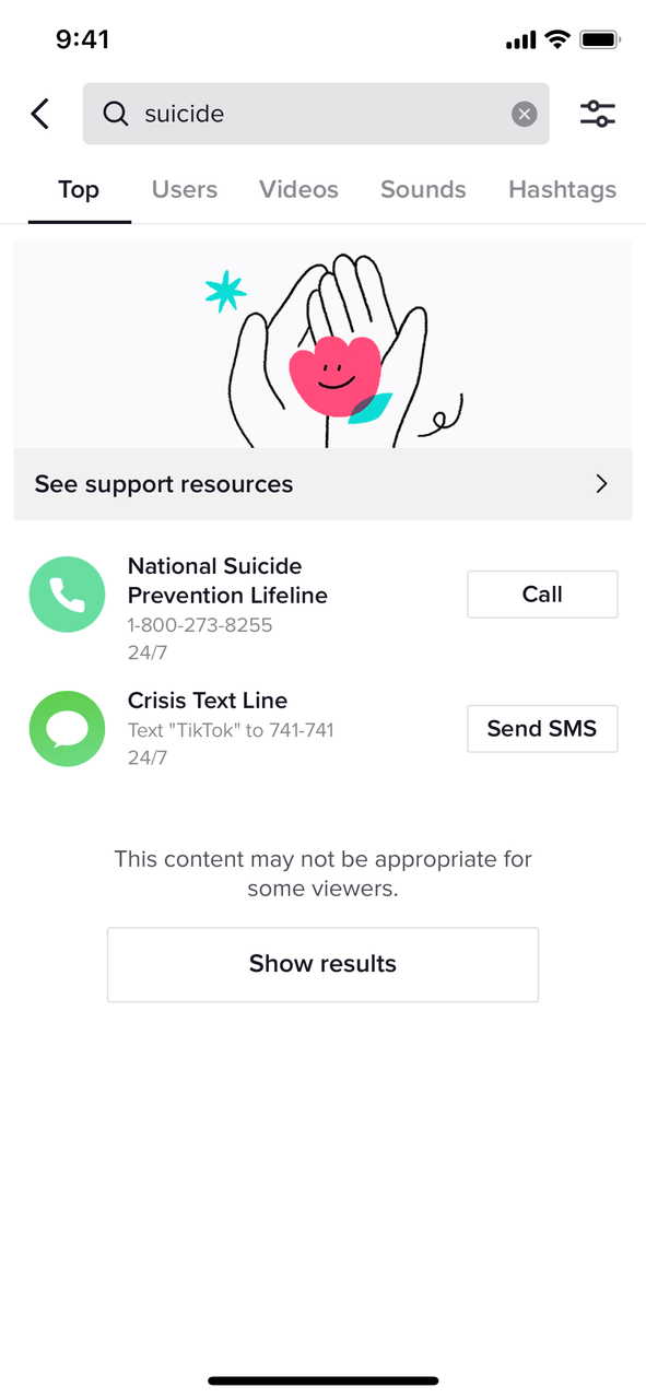 Além do aviso sobre conteúdo perigoso, o TikTok mostrará contatos de rede apoio contra suicídio.
