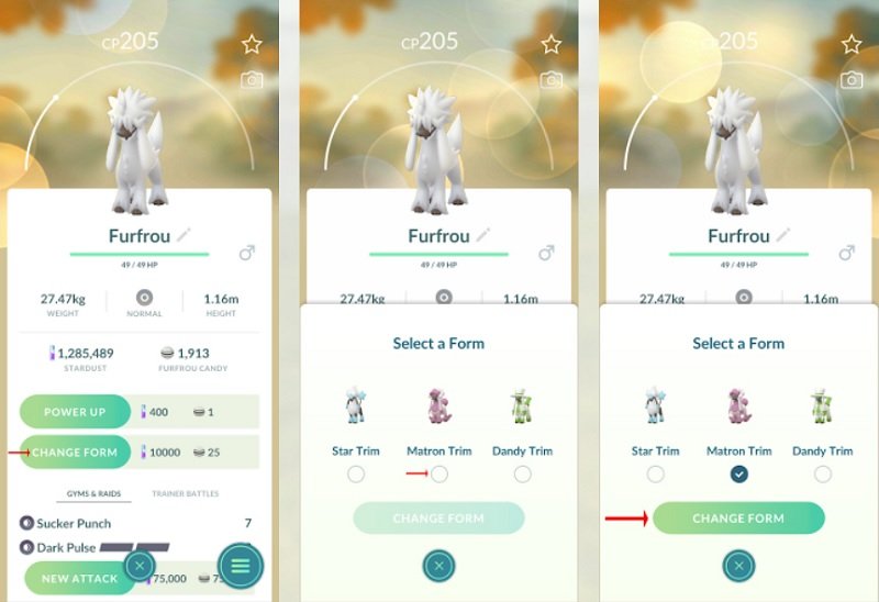 Nova opção de mudar a forma do Pokémon na tela de status