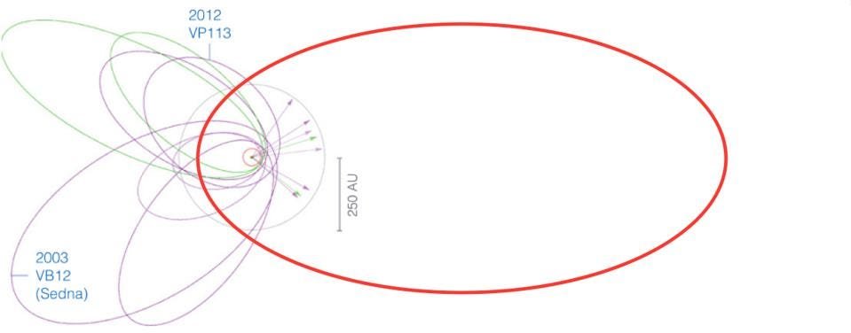 As órbitas dos objetos transnetunianos estudados por Batygin e Brown, junto com a órbita proposta para o Planeta Nove (em vermelho)