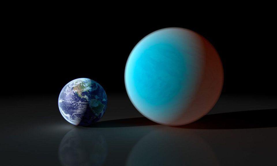Comparação do tamanho da Terra com o exoplaneta 55 Cancri, que teria aproximadamente o mesmo tamanho do Planeta Nove