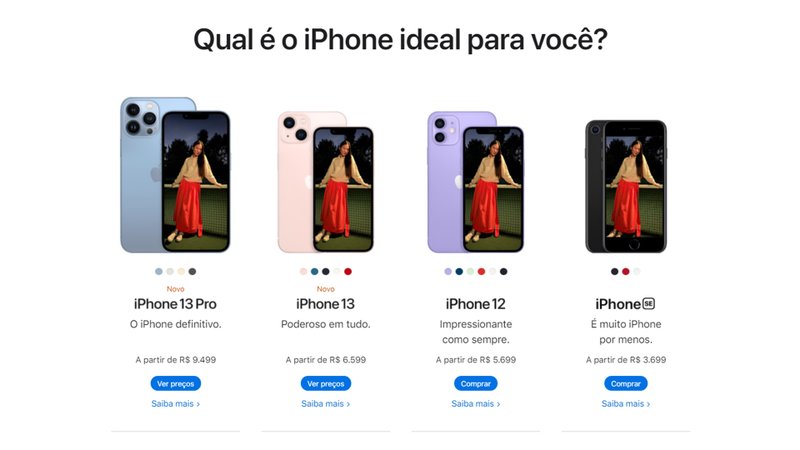 Comparativo de preços entre os últimos modelos de iPhone, no site da Apple no Brasil. (Fonte: Apple / Reprodução)